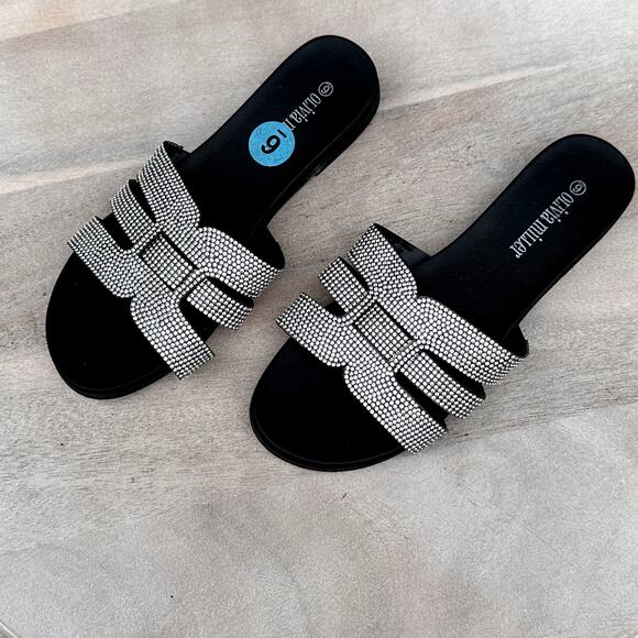 Olivia Miller Womens Size 6 Slides Saltspring Rhinestone Black Sandal Shoe New - Picture 3 of 16